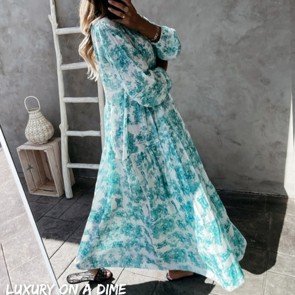 Boho Jungle Modest Ruffle Tie Mock Neck Long Sleeve Tiered Oversized Maxi Dress - Picture 4 of 10